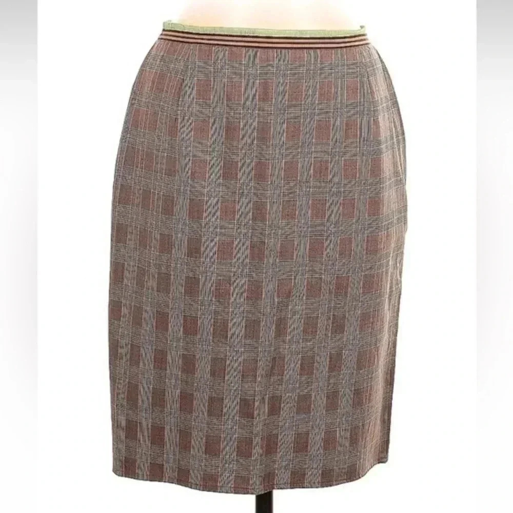 Vintage Carlisle Felicity Wool Brown Orange Plaid Ruffle Pencil Skirt Size 6